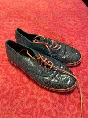 Vans Teal Sequin Low-Top Sneakers with Pink Laces